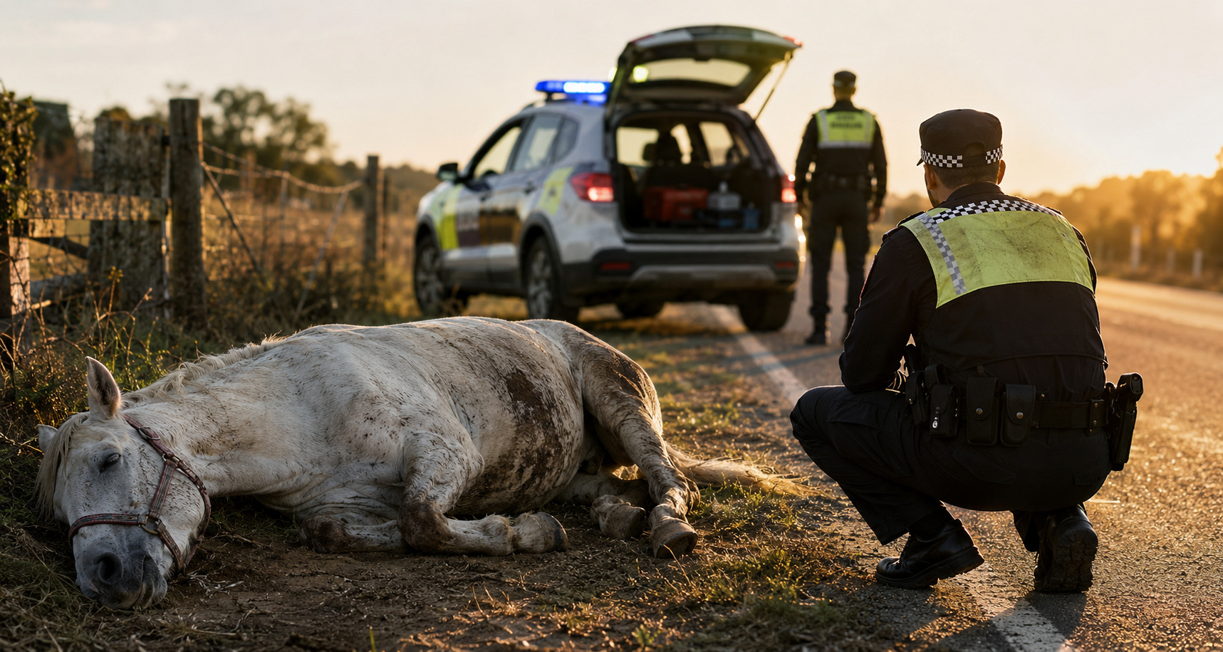 Agente de Policía Local junto a un caballo herido tumbado en la vía pública al amanecer