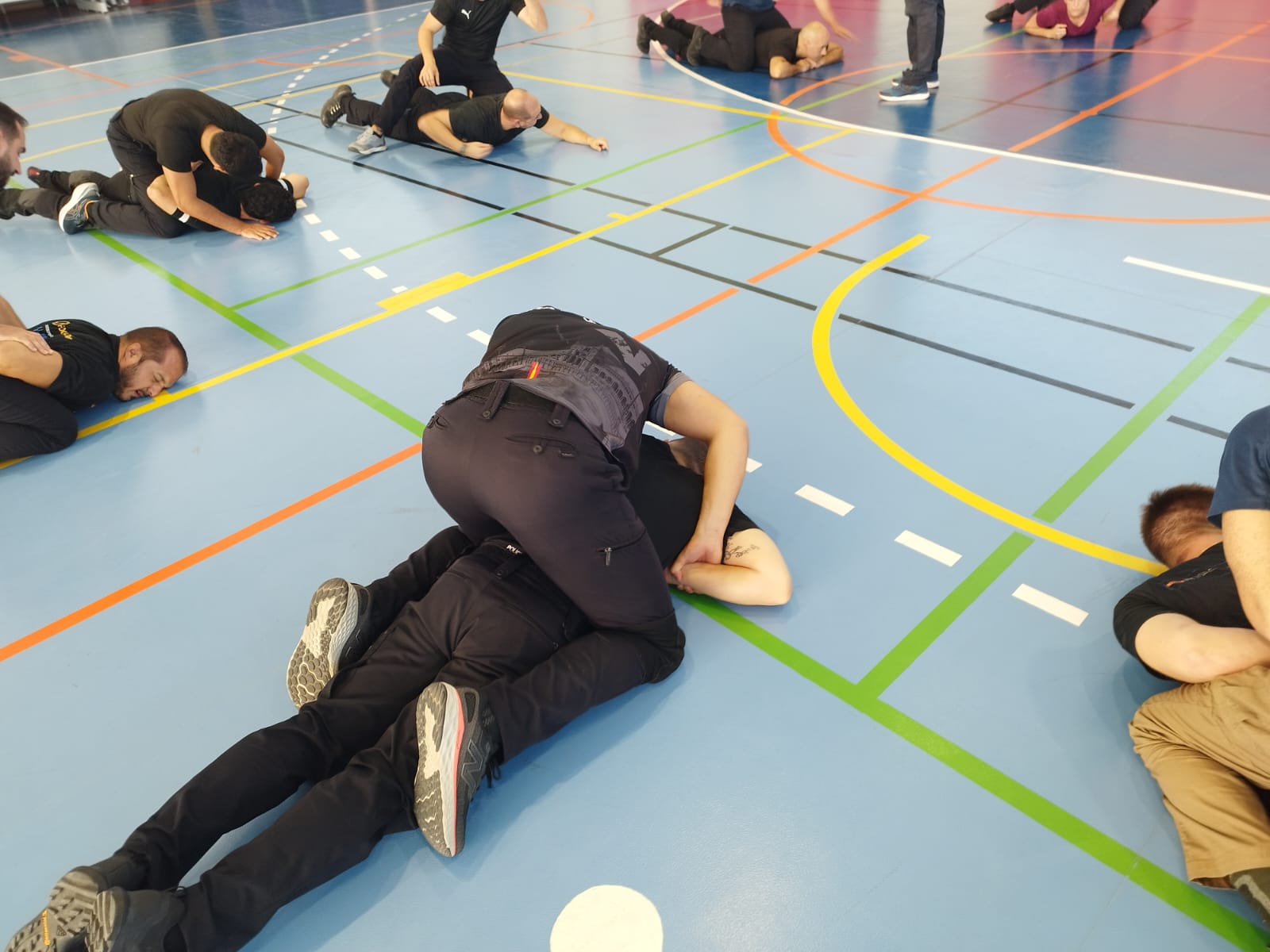 Policías practicando técnicas de inmovilización durante el curso de grappling policial